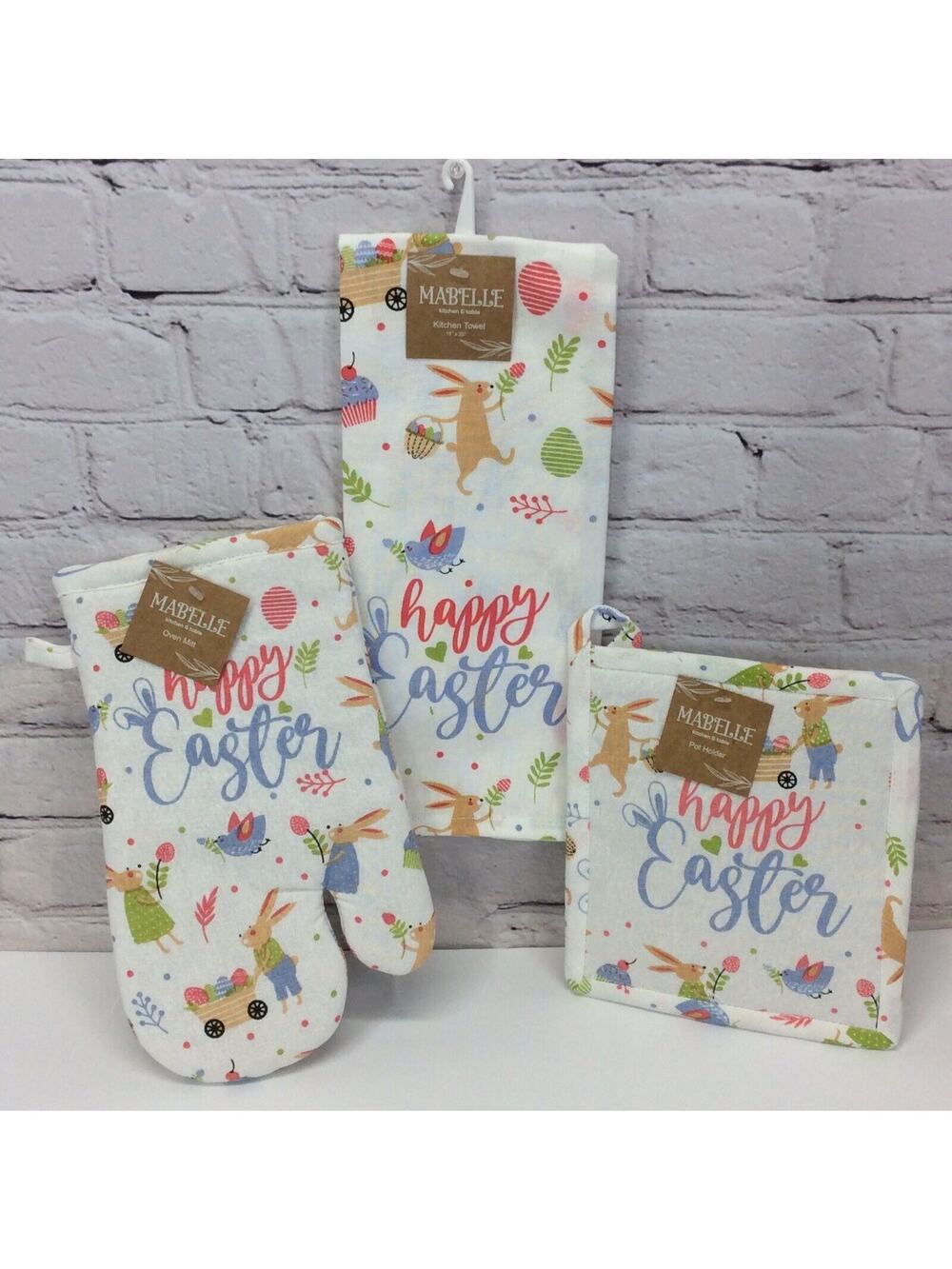 Happy Easter 3 Pc Kitchen Set Spring Pastel Blue Dish Towel/Pot Holder/Oven Mitt